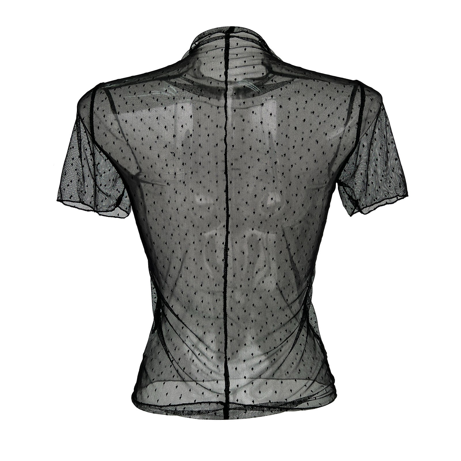 thumbnail image 5 of Top de manga corta de malla para mujer - Blusa transparente con cuello alto y bordado de lunares - Camiseta versátil informal/de fiesta - Tallas S-XL, 5 of 5